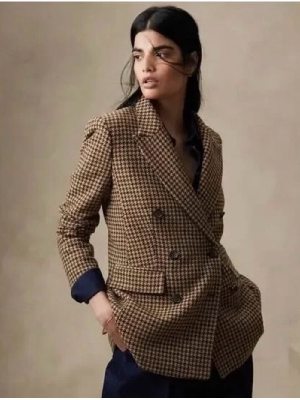 Banana Republic Modern Wool Blazer In Brown Houndstooth Double Breasted 8 Tall